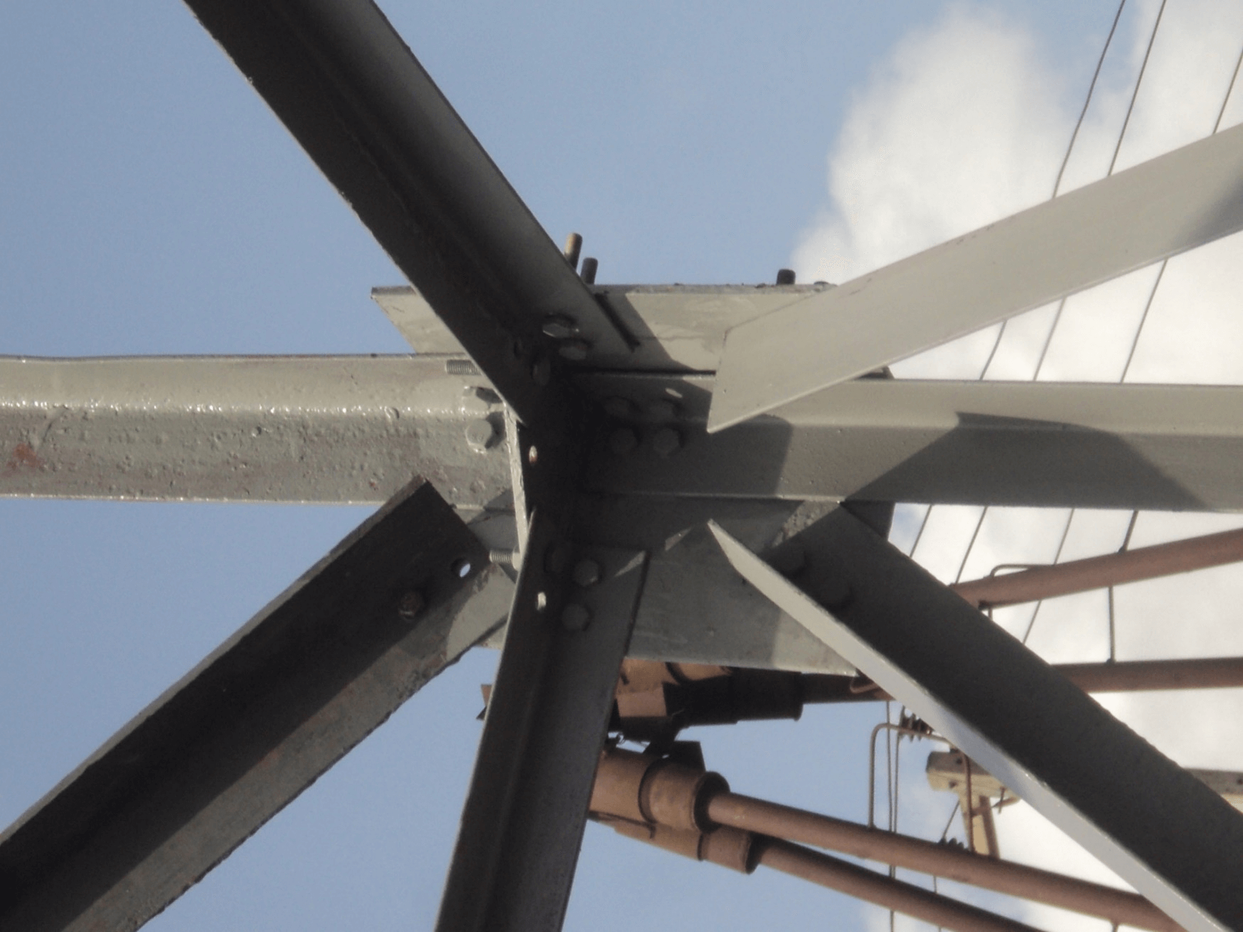   Close up view of welded gusset tower connection detail
                            